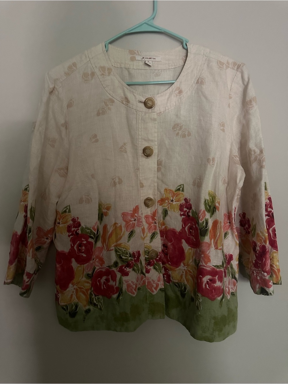 JM Collection Cream Linen Button-Front Jacket with Soft Beige Floral Accents